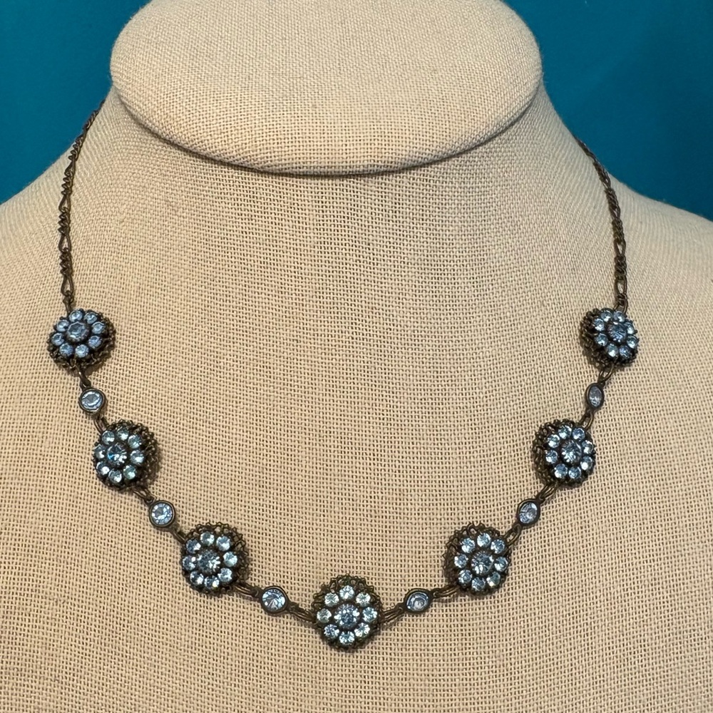 Kenny Ma San francisco necklace brass tone bright blue crystals up to 17” floral